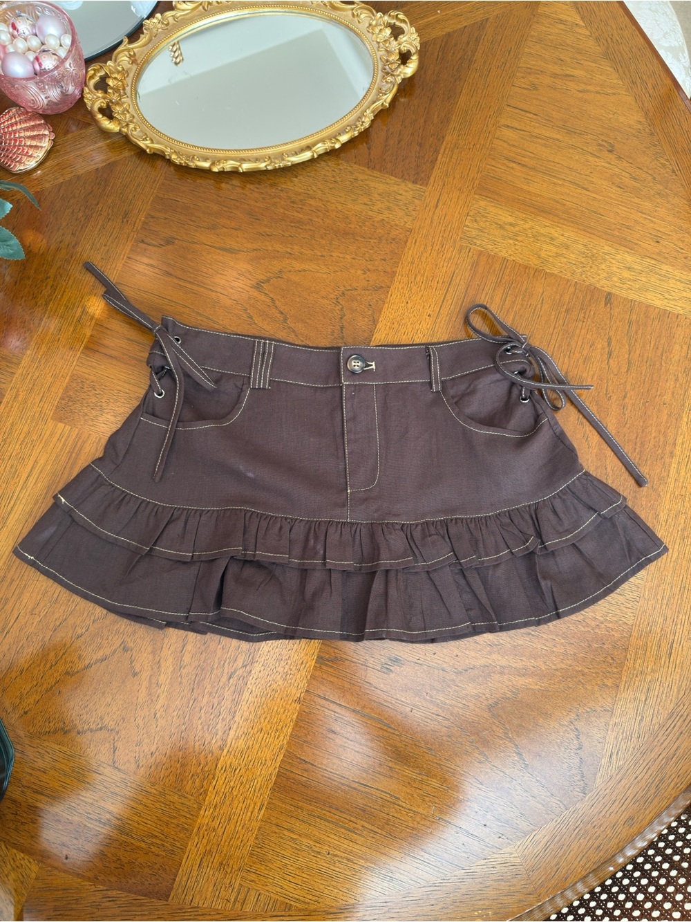 Brown Ruffled Mini Skirt with Lace-Up Sides Size S